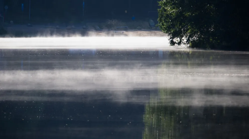 Lago en calma con niebla matutina